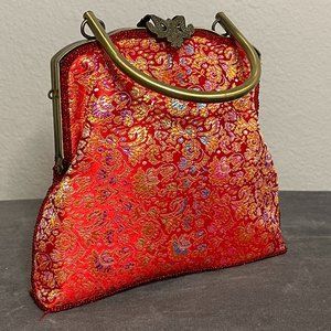 Red Asian Inspired Fabric Framed Clutch with Clasp
